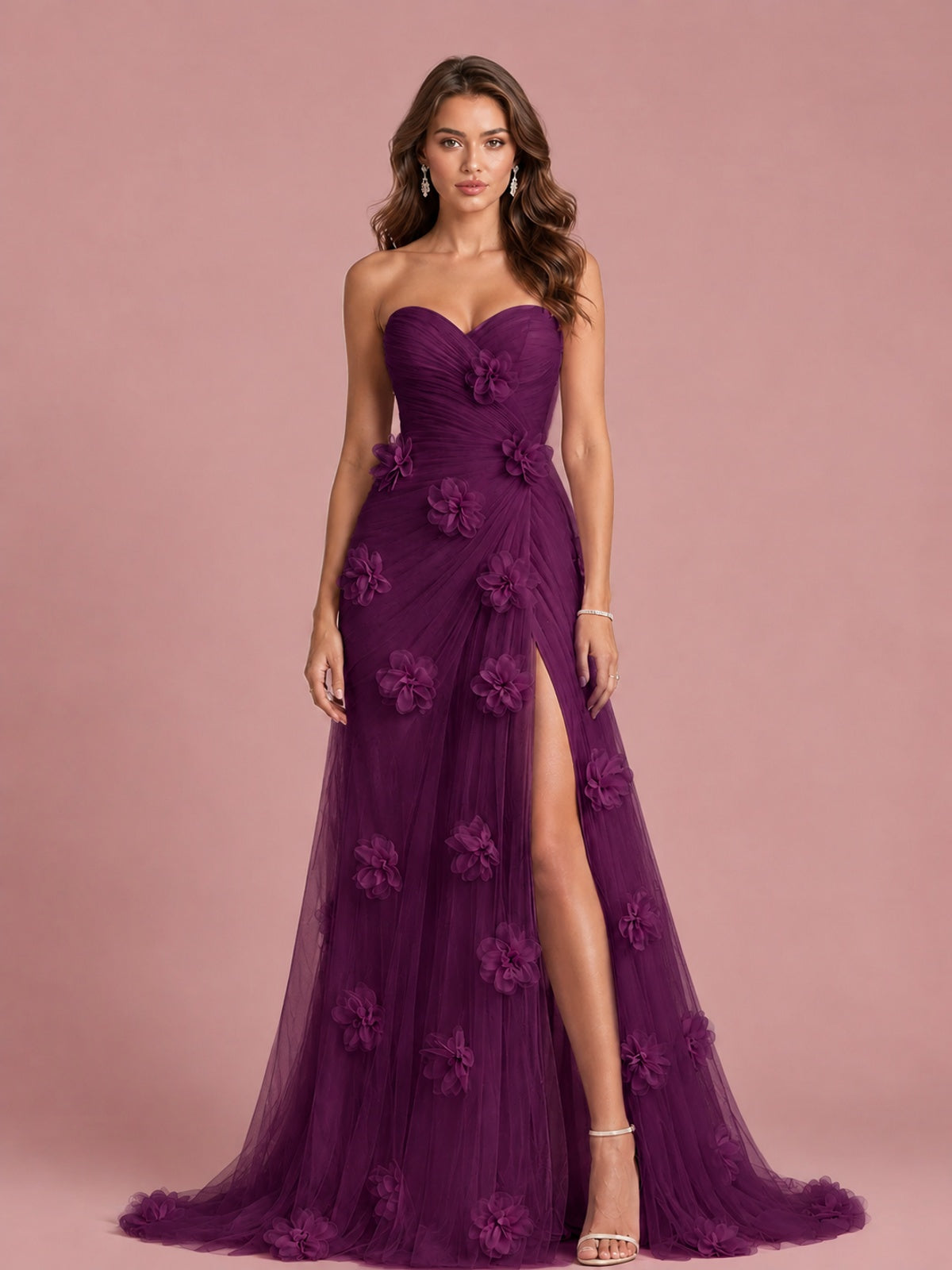 3D Floral Applique Strapless Tulle Prom Dress with High Slit