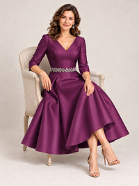 V-Neck Tea-Length Mother of the Bride Dress with Embellished Waist