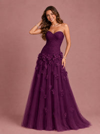 Blush Pink Strapless Sweetheart 3D Floral Tulle Ball Gown Prom Dres