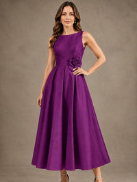 Tea-Length Satin Mother of the Bride Dress with 3D Flower Detail