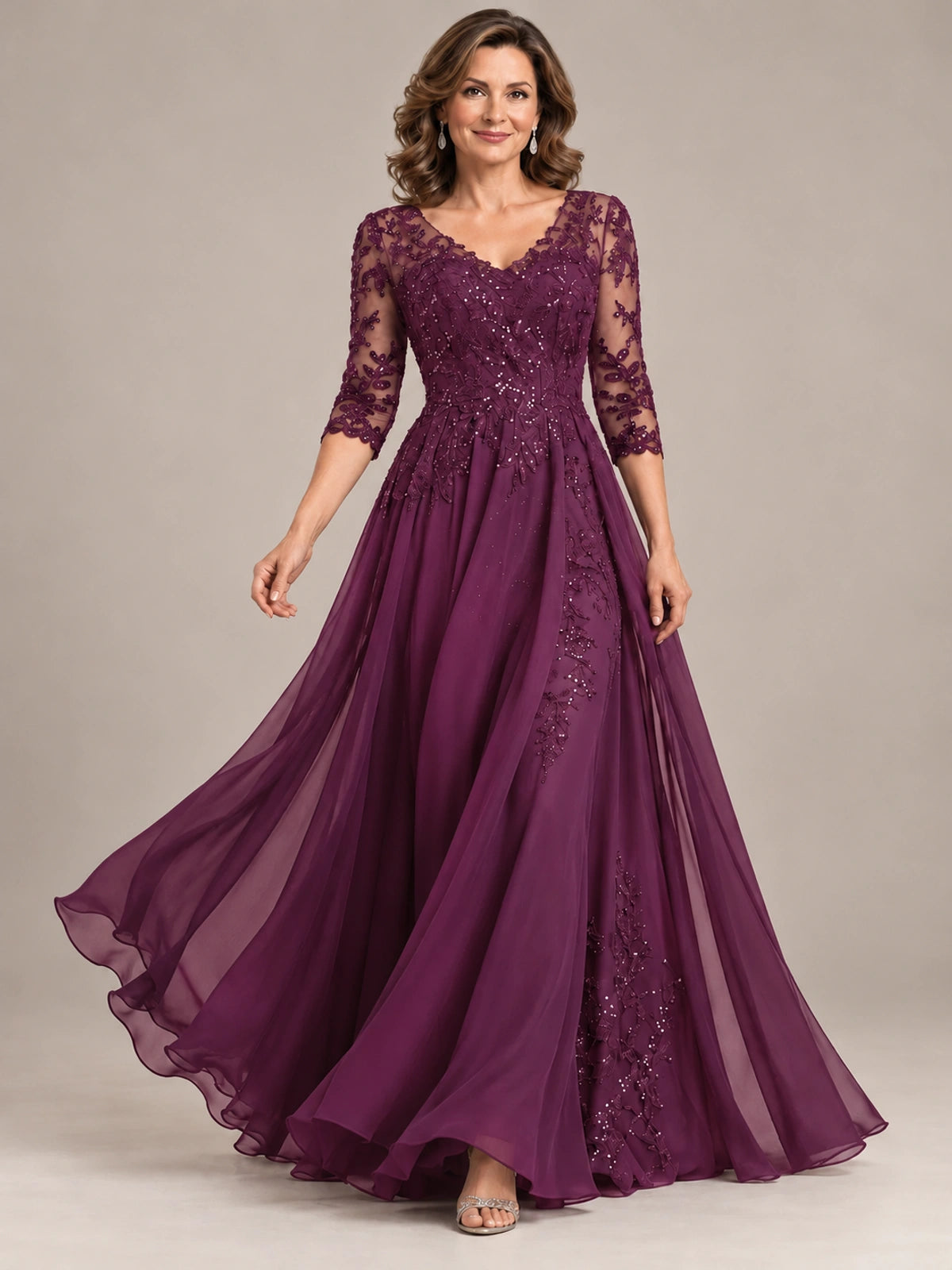 Sequin Lace A-Line Mother of the Bride Dress with 3/4 Sleeves