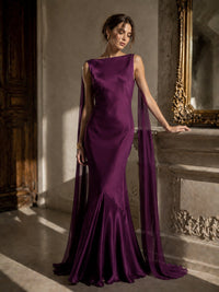 Burgundy Satin Mermaid Cape Maxi Dress
