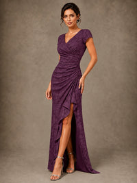 V-Neck Floral Jacquard Mother of the Bride Dress with Slit
