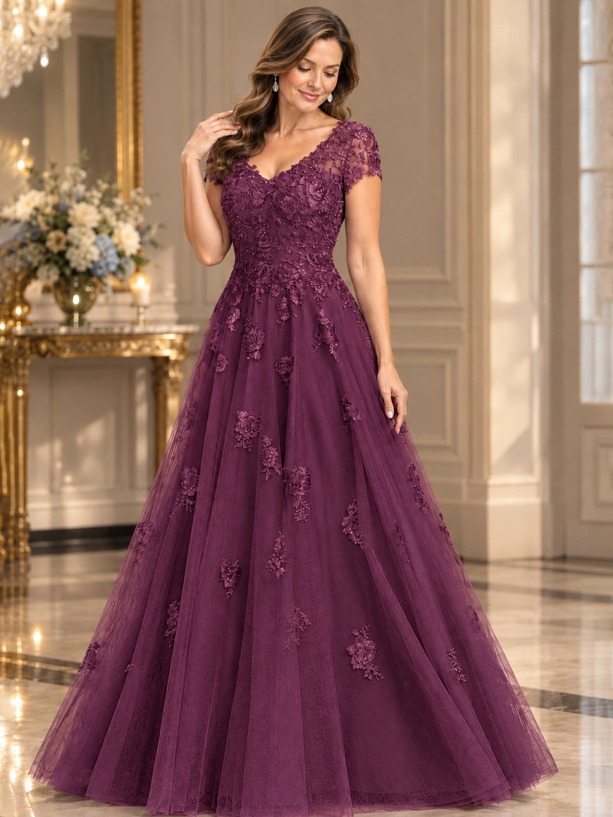 Lace Appliques A-line Mother of The Bride Dresses with Short Sleeves