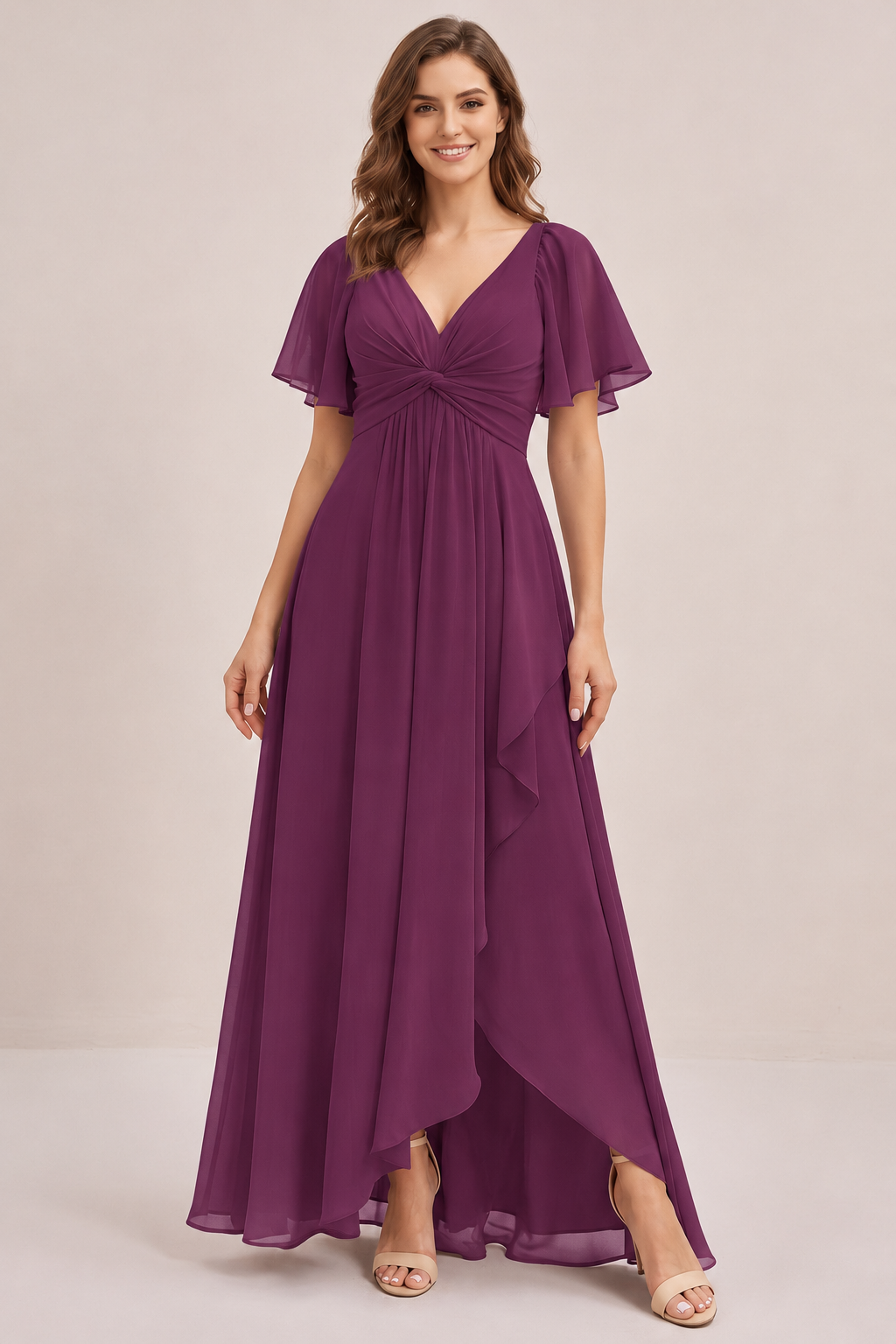 Dusty Blue Chiffon Bridesmaid Dress with Flutter Sleeves & High-Low Hem
