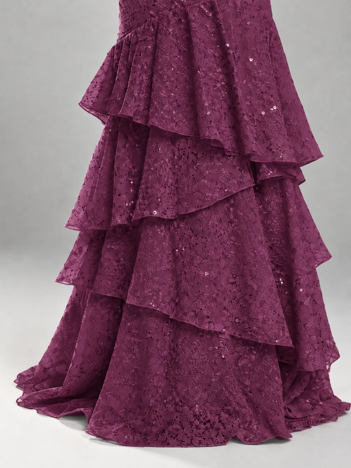 Halter Tiered Mermaid Prom Dress with Sparkly Lace