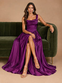 Cowl Neck Pleated Satin Prom Dress with Pockets & Slit Maxi Formal Gowns
