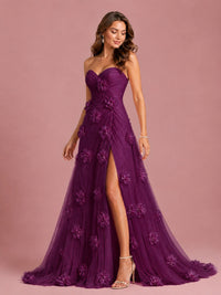 3D Floral Applique Strapless Tulle Prom Dress with High Slit