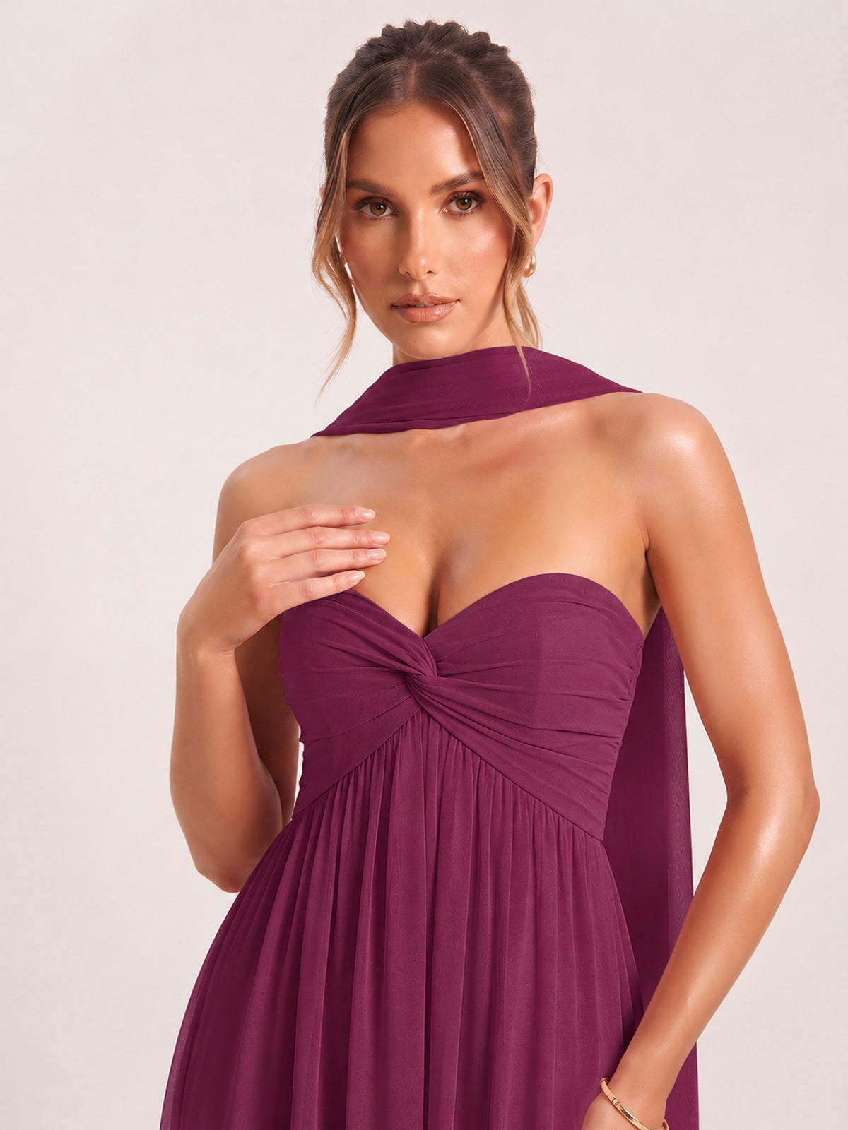 Strapless Ruched Chiffon Long Prom Dress with Scarf