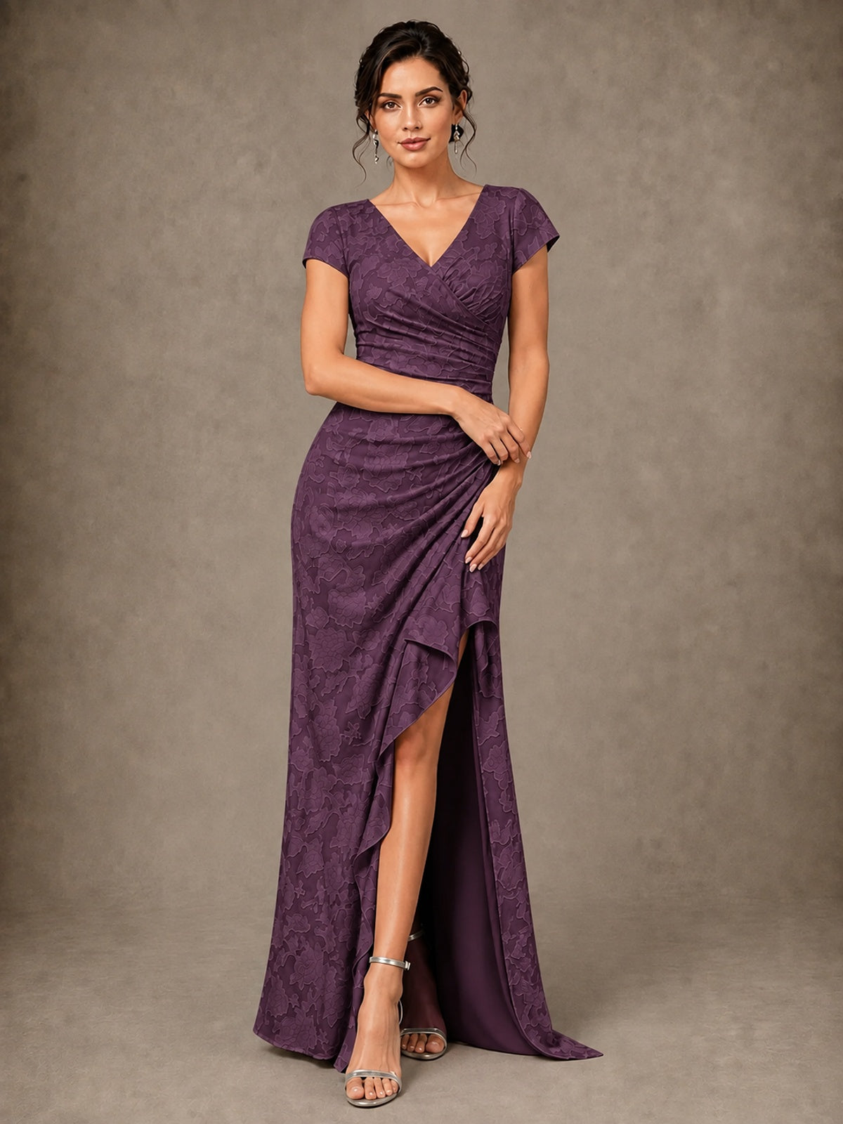 V-Neck Floral Jacquard Mother of the Bride Dress with Slit