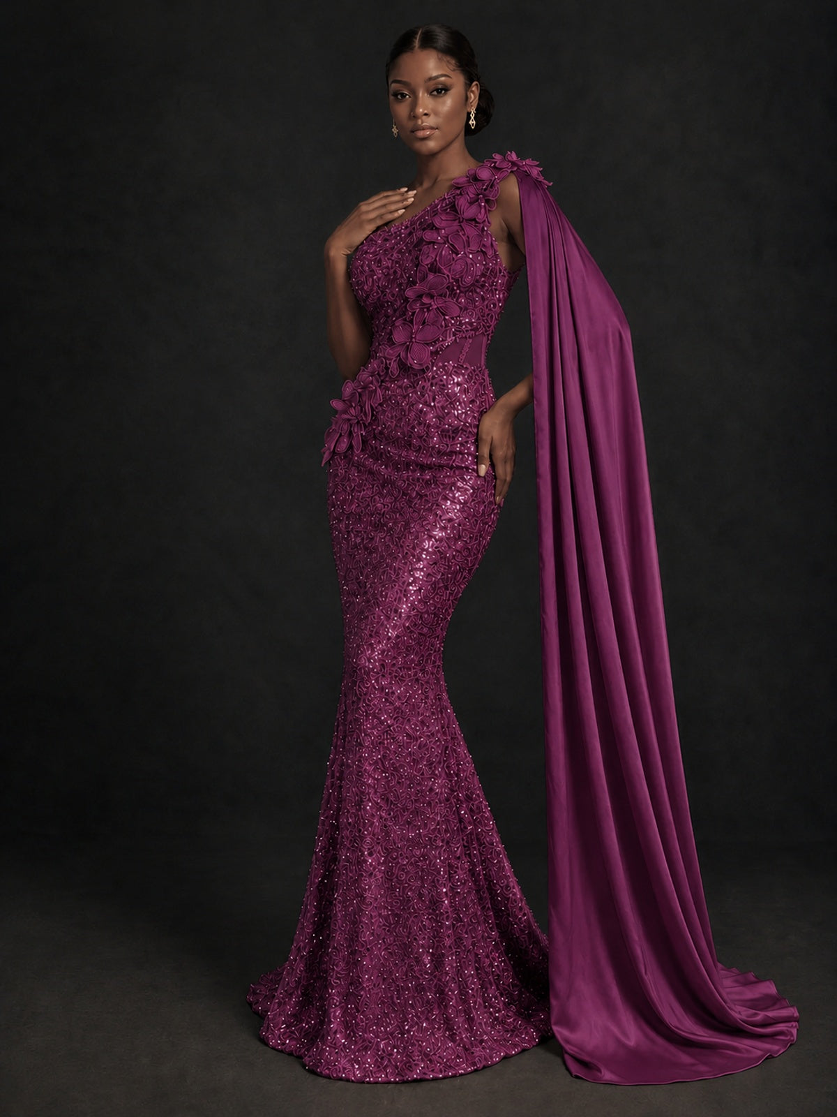 Gold Sequin One Shoulder Mermaid Prom Dress with Cape