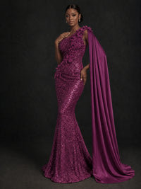 Gold Sequin One Shoulder Mermaid Prom Dress with Cape