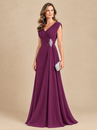 V Neck Pleated Mother of The Bride Dresses with Beading Cap Sleeves