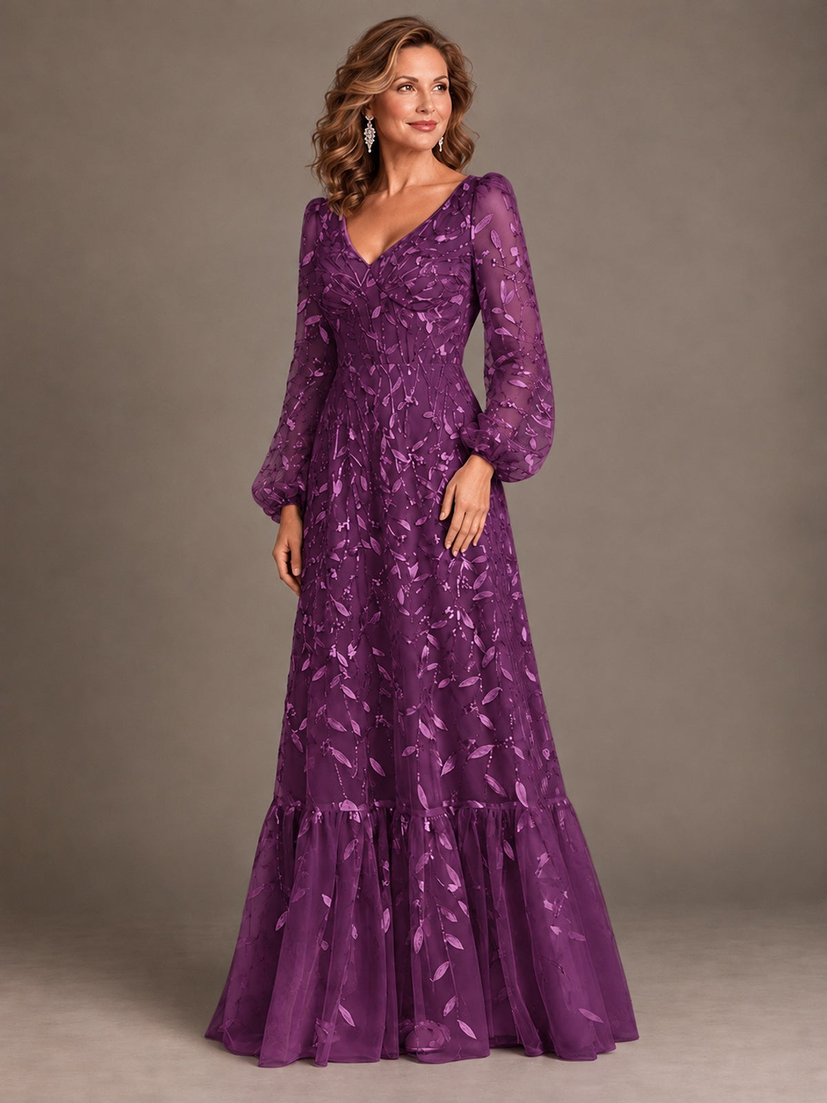 Floral Sequin Embroidered A-Line Mother of the Bride Dress with Long Sleeves