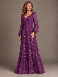 Floral Sequin Embroidered A-Line Mother of the Bride Dress with Long Sleeves