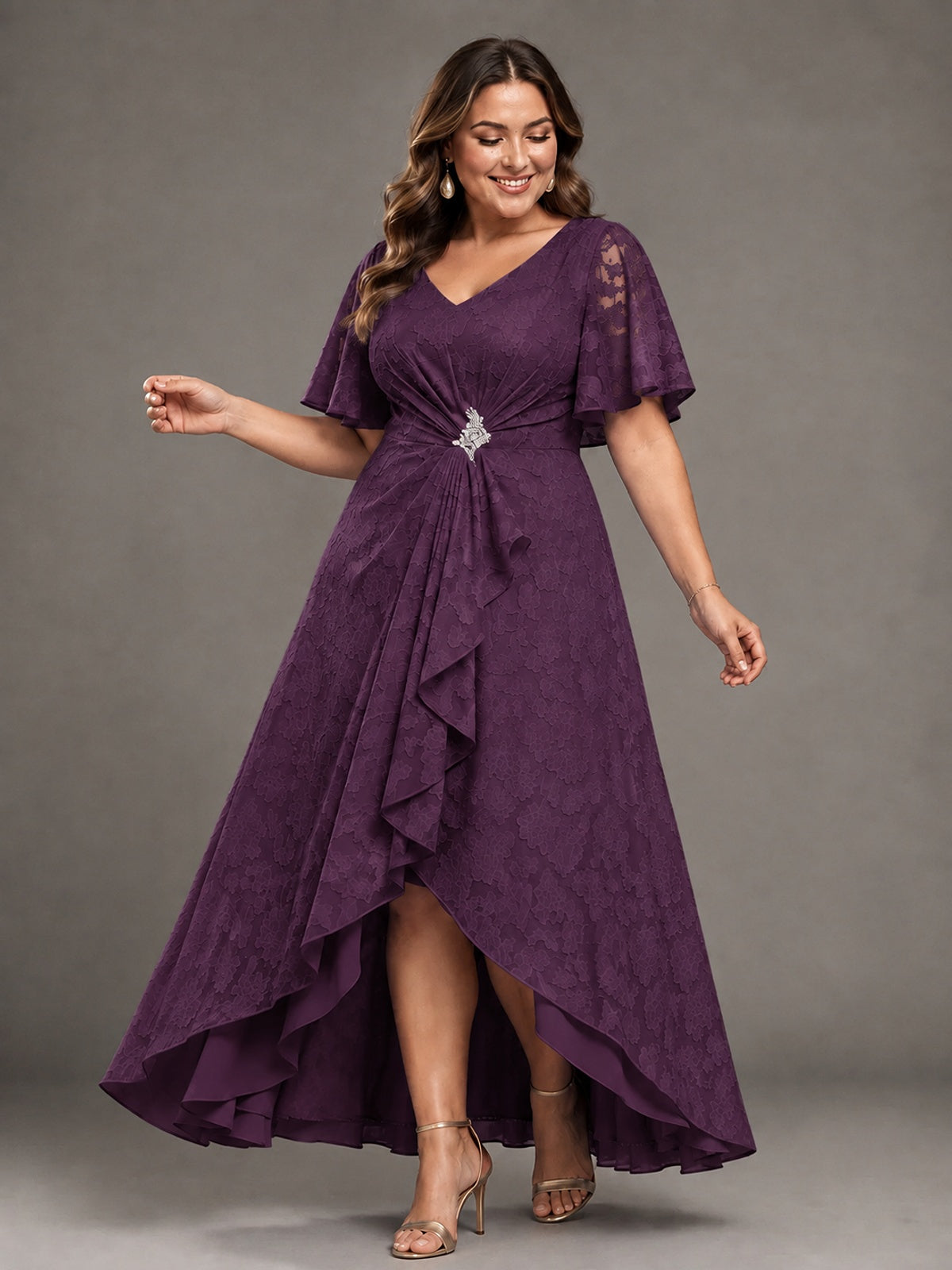 Jacquard Chiffon A-Line V-Neck High-Low Mother of the Bride Dress