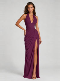 Ruched Halter Neck High-Slit Prom & Evening Dress