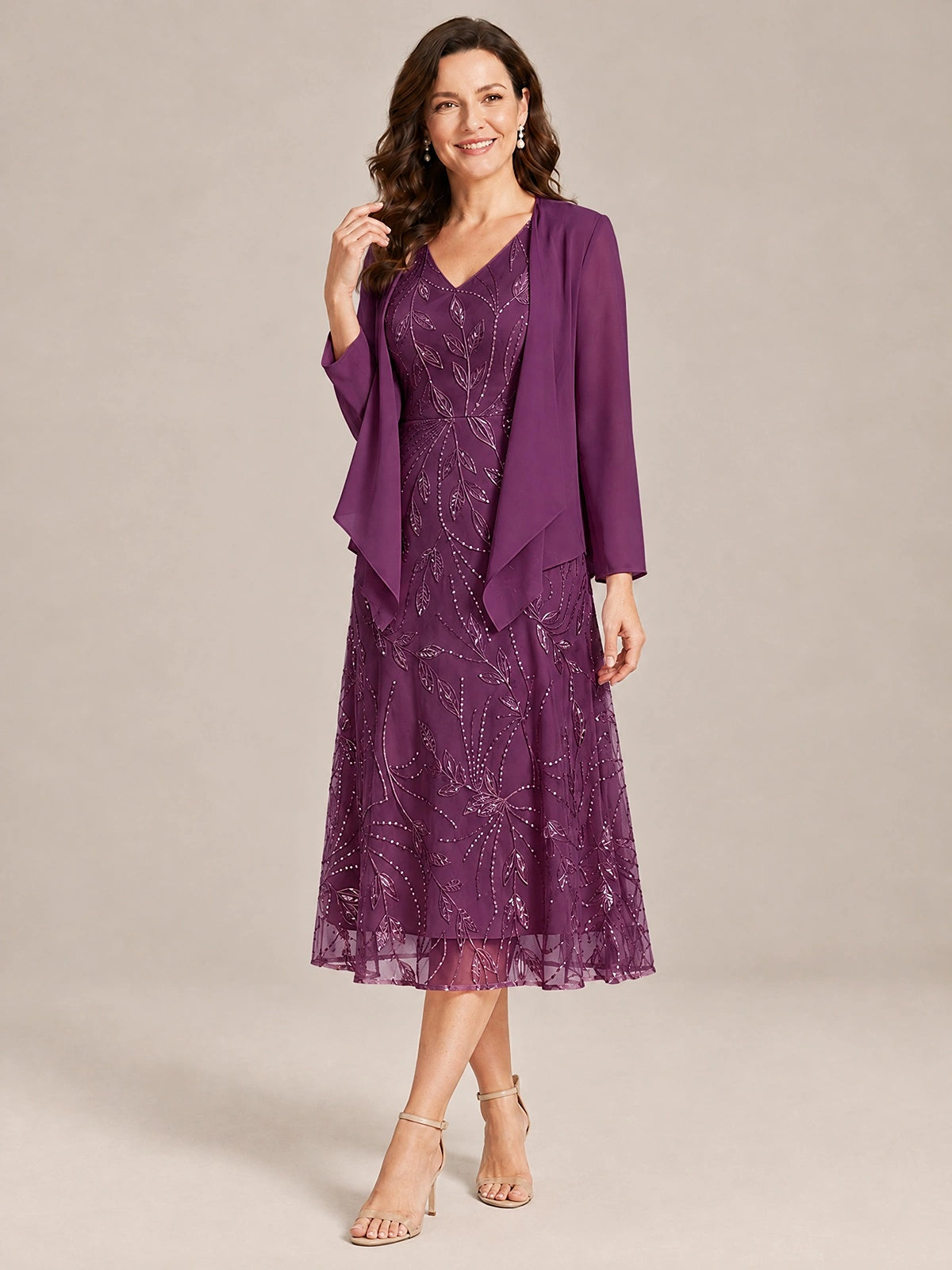 Tea Length Sequin Lace Mother of the Bride Dress with Chiffon Jacket
