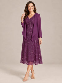 Tea Length Sequin Lace Mother of the Bride Dress with Chiffon Jacket