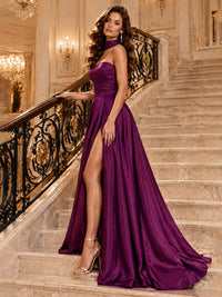 Strapless Prom Dress Side High Slit A-line Formal Dress with Scarf