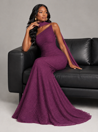 Pleated Chiffon Lace Prom Dresses Long Bodycon Mermaid with Scarf