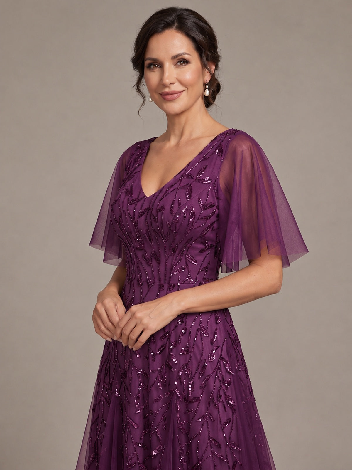 V-Neck Sequin Tulle Mother of the Bride Dress with Flutter Sleeve