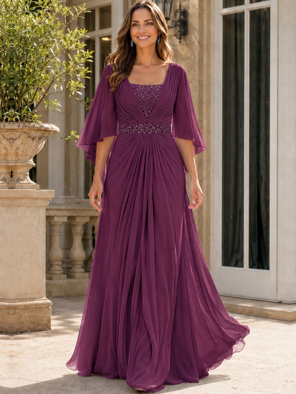 Elegant V-Neck Sequined Chiffon Mother of the Bride Dress with Flutter Sleeves