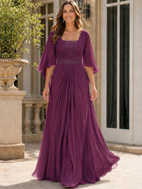 Elegant V-Neck Sequined Chiffon Mother of the Bride Dress with Flutter Sleeves