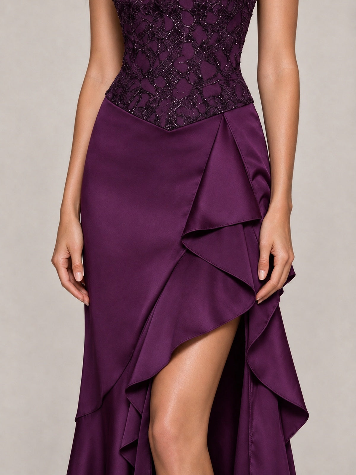 Strapless Lace Appliques Corset Satin Prom Dress Ruffle Slit Evening Gown