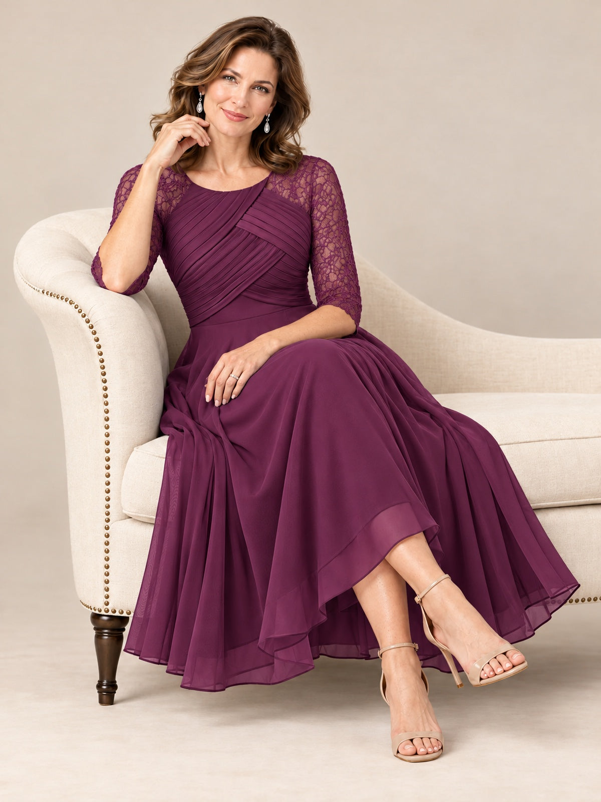 Tea-Length Mother of the Bride Dress with Lace 3/4 Sleeves