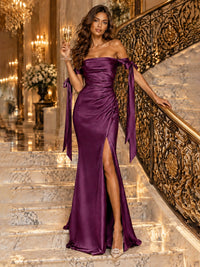 Off The Shuolder Satin Prom Dress Slit Mermaid Formal Gowns