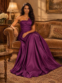 Draped Satin Prom Dress Strapless A-line Formal Dress Floor Length