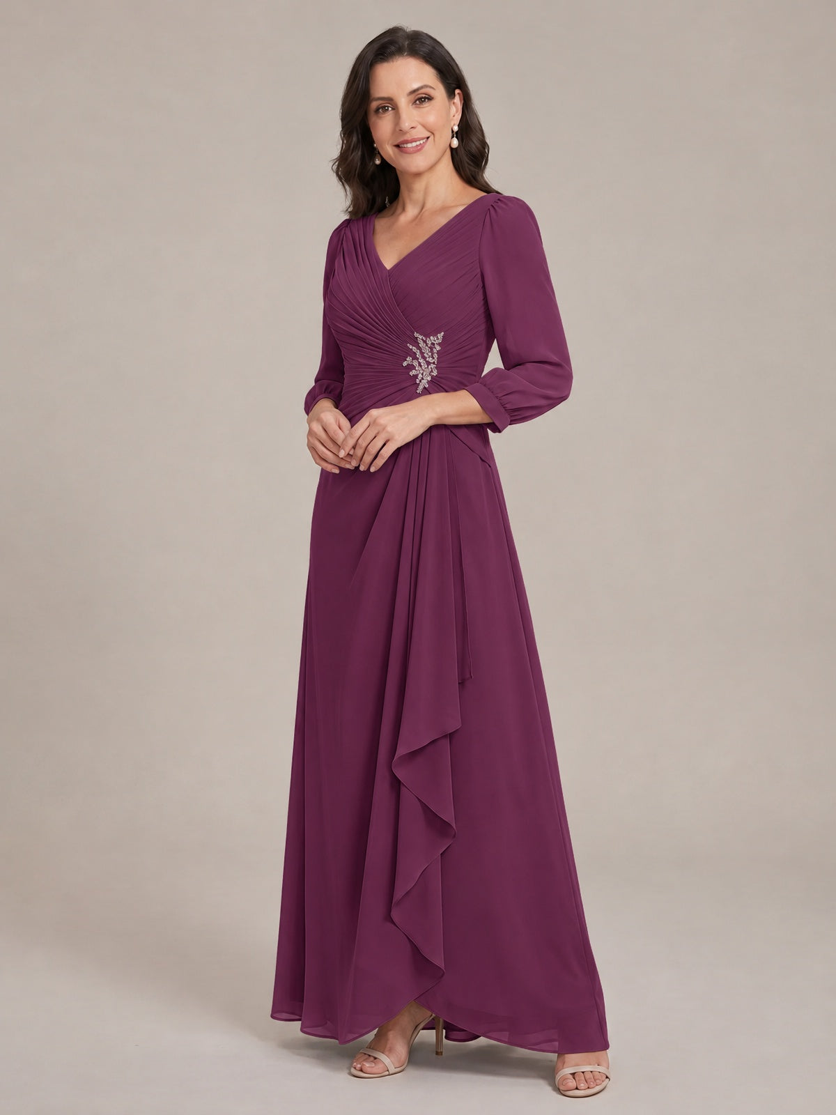 V-Neck Pleated Chiffon Mother of the Bride Dress with Flutter Sleeves