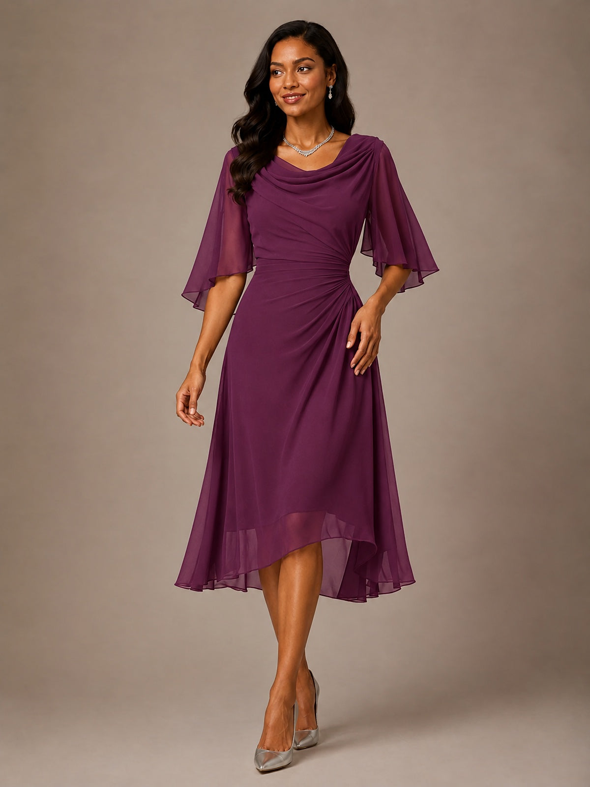 Cowl Neck Ruched Chiffon Mother of the Bride Dresses with Flutter Sleeves