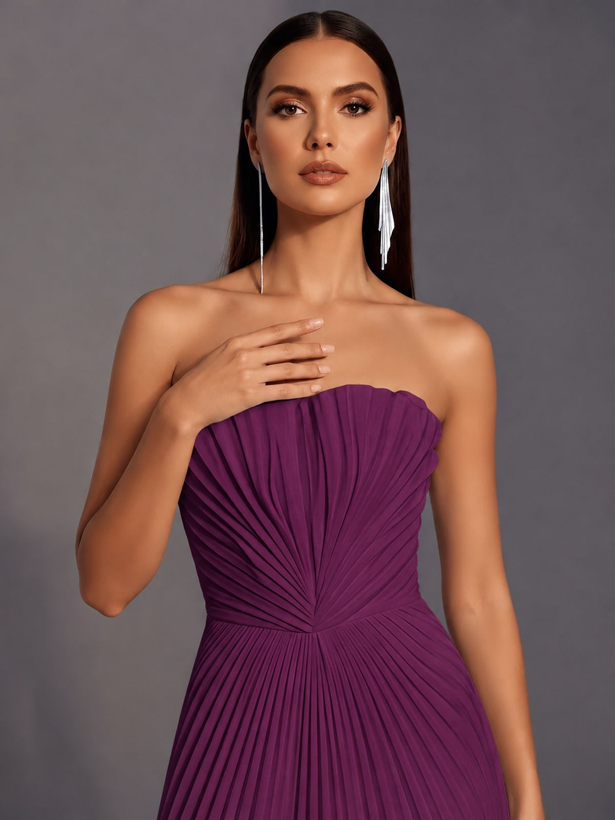 Strapless A-line Long Pleated Satin Prom Dress