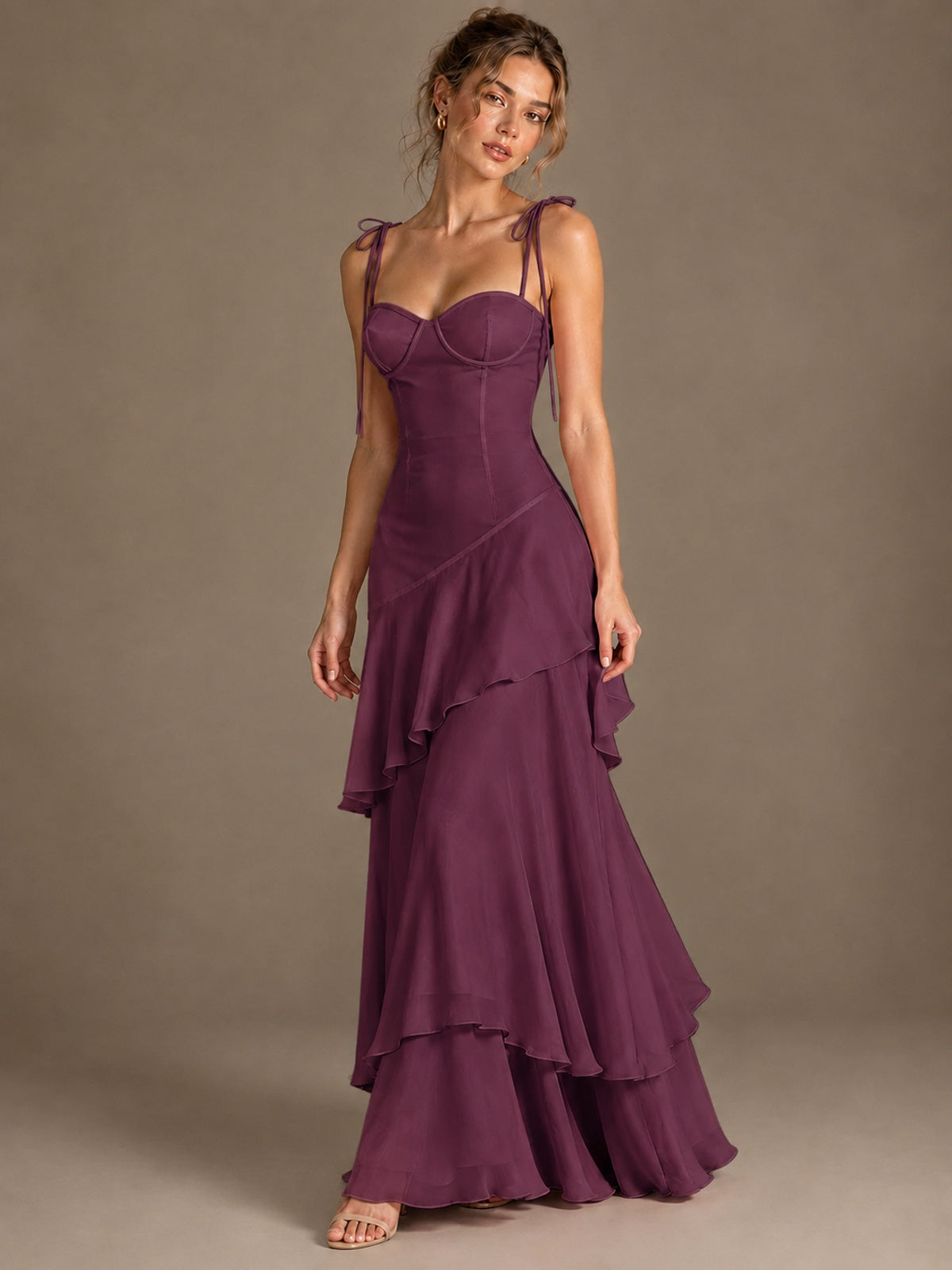Spaghetti Strap Tiered Ruffles Chiffon Prom Dress