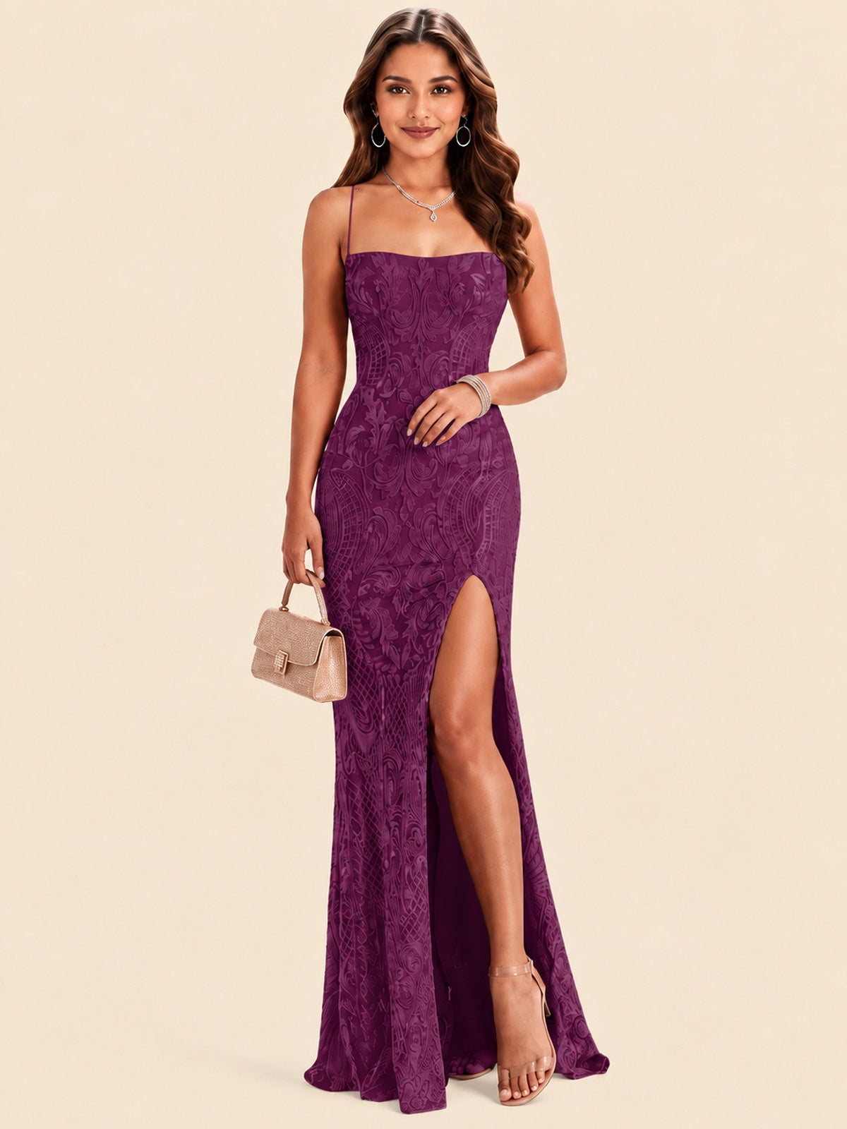 Sequin Lace Appliques Mermaid Prom Dress Spaghetti Strap Formal Gowns with Slit