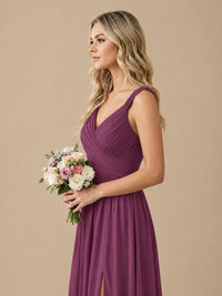 Pleated Chiffon V Neck Wedding Bridesmaid Dresses Floor Length with Slit