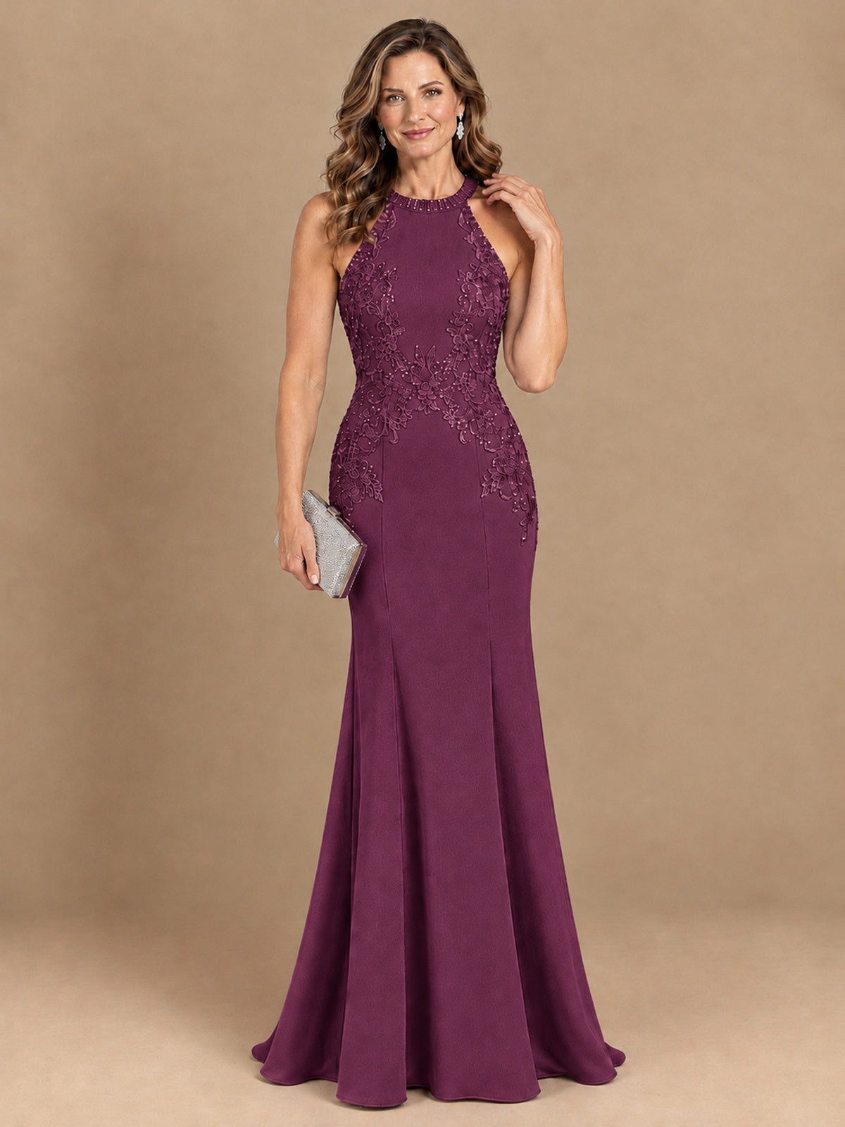Halter Neckline Lace Appliques Mother of The Bride Dresses