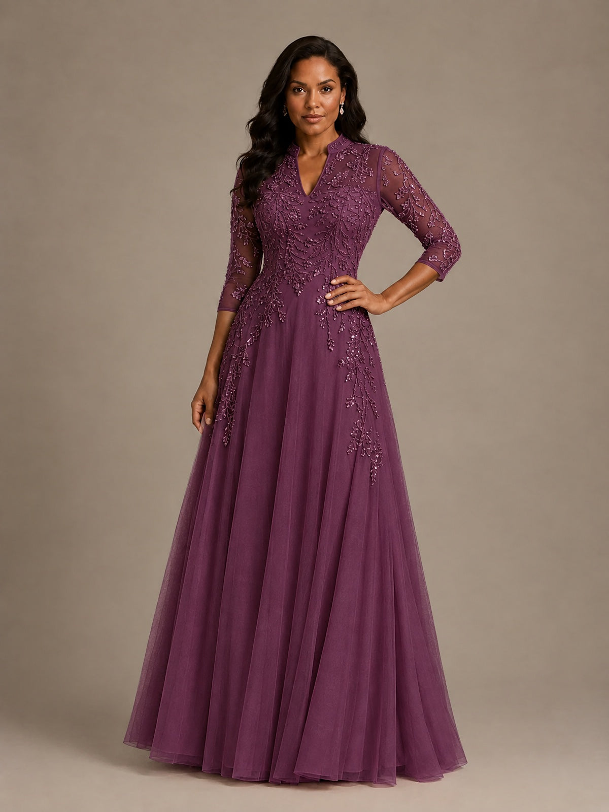 Embellished Appliques Mother of the Bride Dress with 3/4 Sleeves