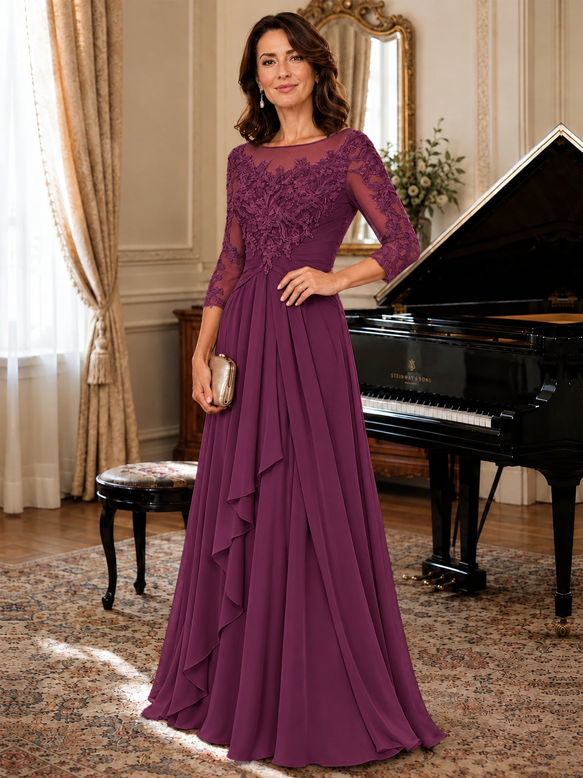 A-Line Chiffon Mother of the Bride Dress with Floral Applique 3/4 Sleeves