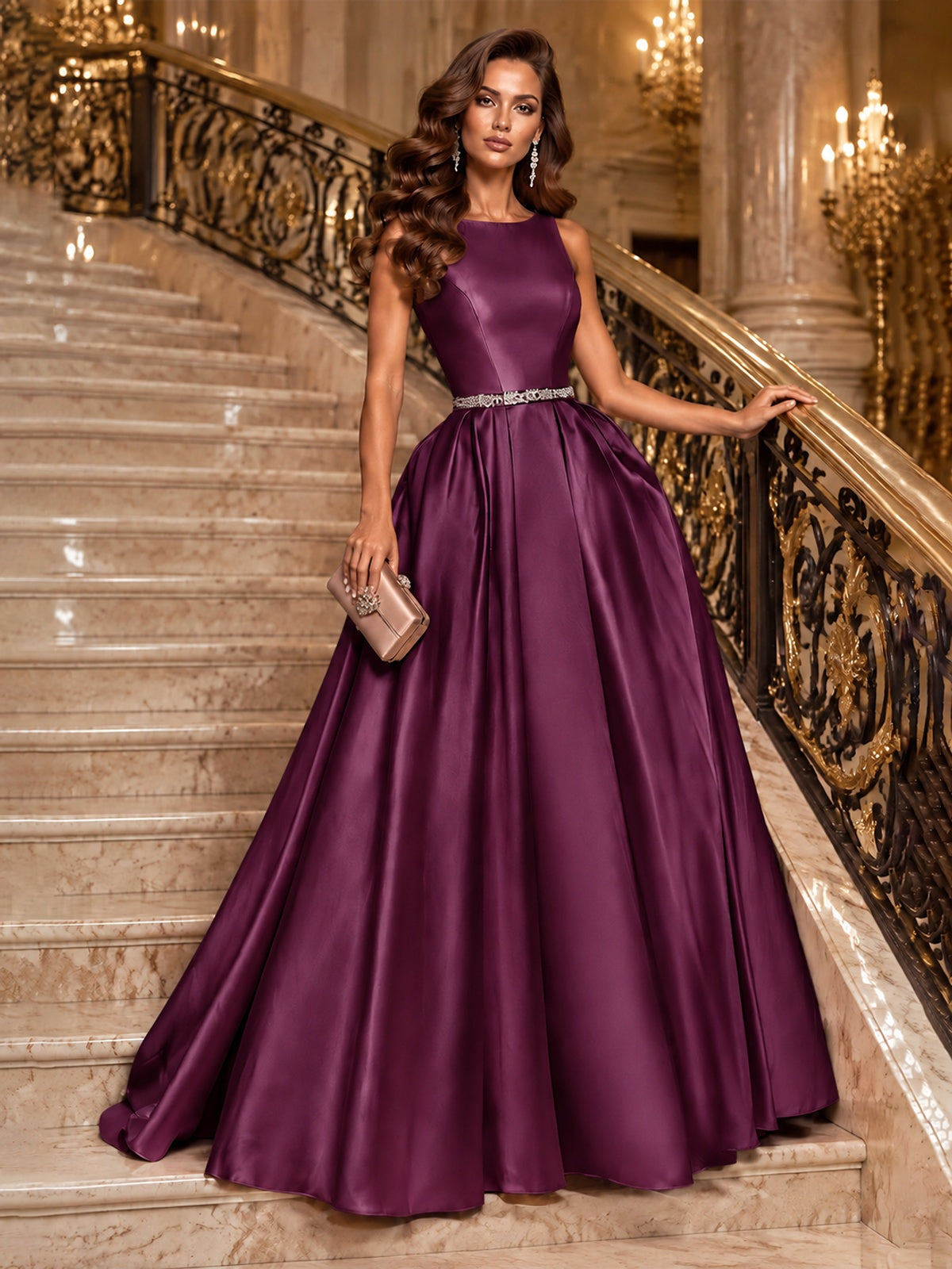 Satin A-Line Prom Dress Sleeveless Beaded Waist Formal Gown with Pockets