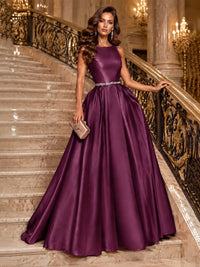 Satin A-Line Prom Dress Sleeveless Beaded Waist Formal Gown with Pockets
