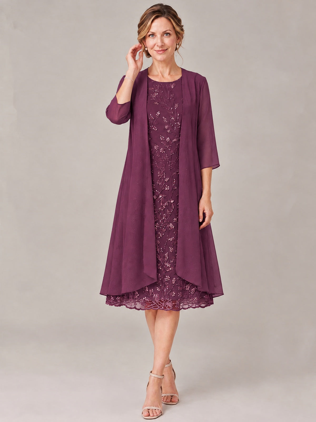 Tea Length Sequin Lace Mother of The Bride Dress with Chiffon Jacket