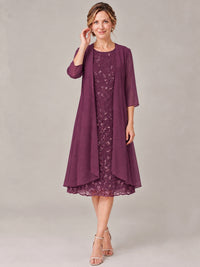 Tea Length Sequin Lace Mother of The Bride Dress with Chiffon Jacket