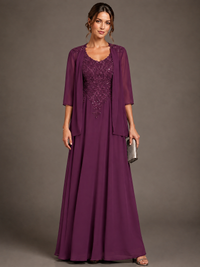 A-line 2 Pieces Chiffon Appliques Mother of The Bride Dresses with Jackets
