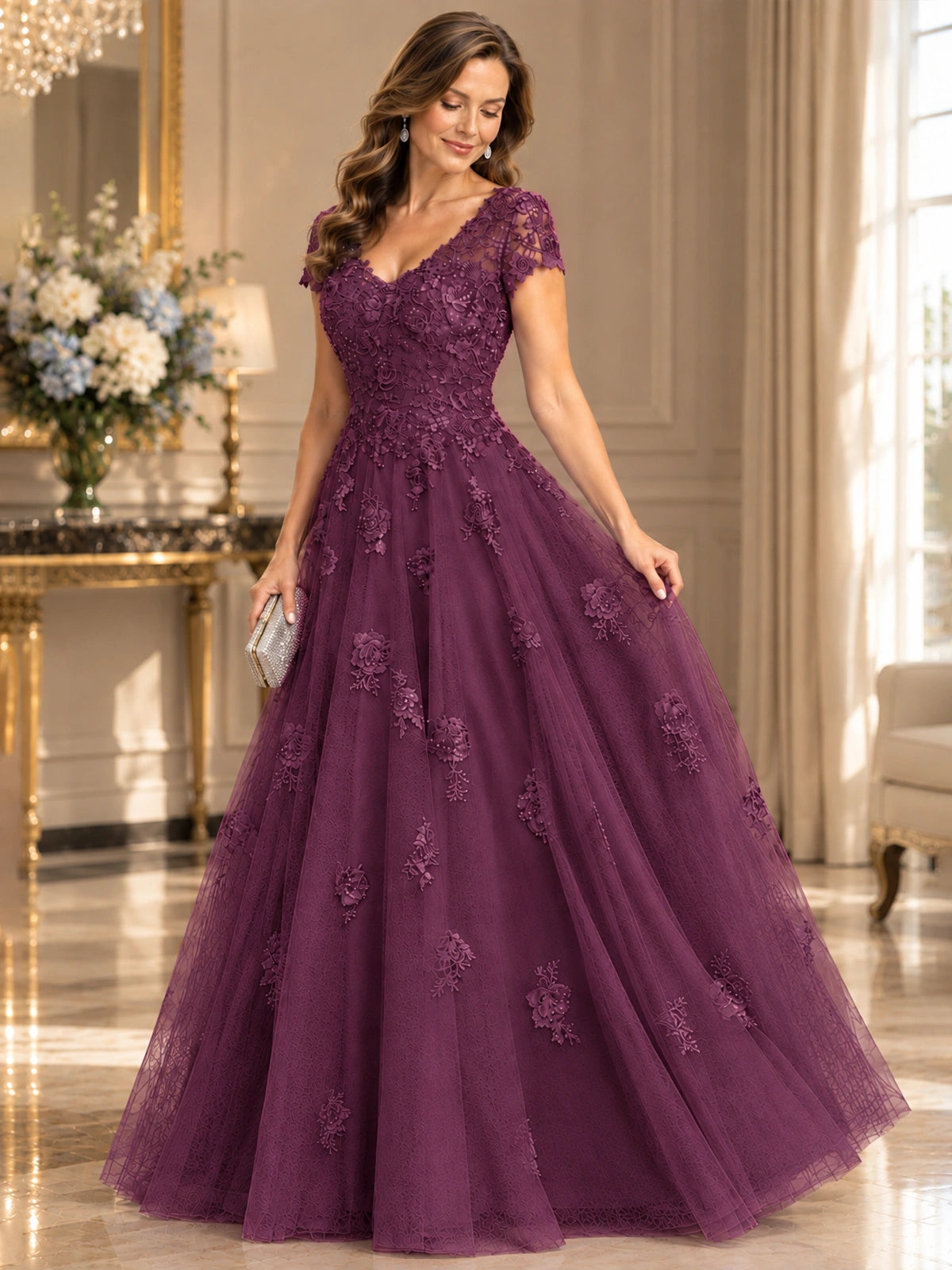 Lace Appliques A-line Mother of The Bride Dresses with Short Sleeves