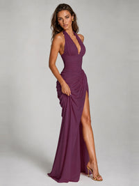 Ruched Halter Neck High-Slit Prom & Evening Dress
