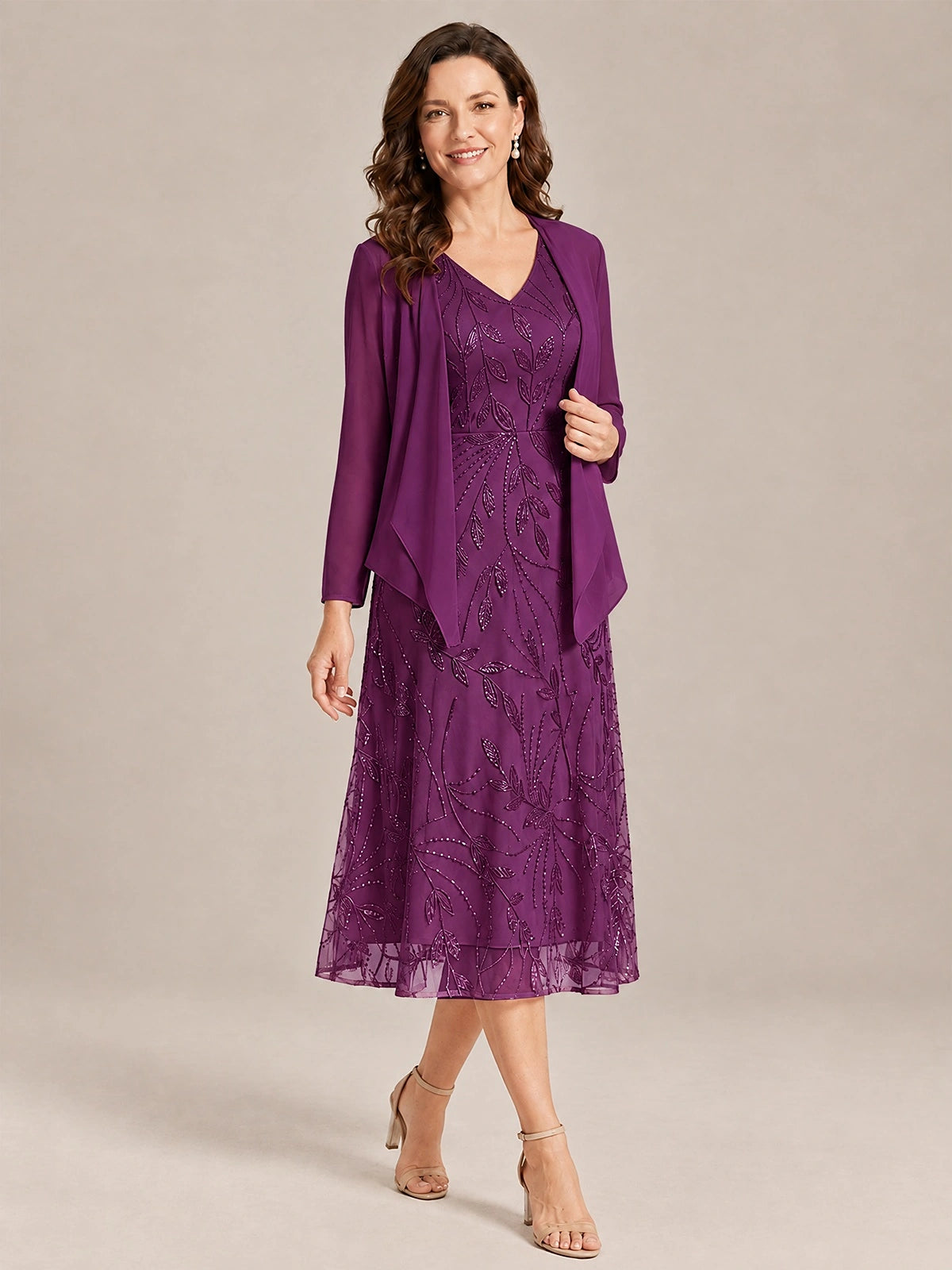 Tea Length Sequin Lace Mother of the Bride Dress with Chiffon Jacket