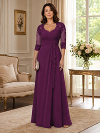 Chiffon Lace Applique Mother of the Bride Dress with 3/4 Sleeves